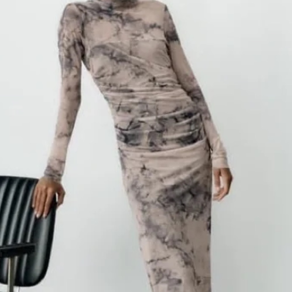 Zara tulle cream Marble Print Long Sleeve Dress